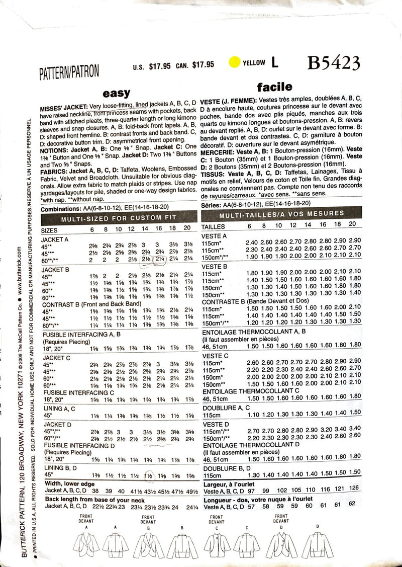 Butterick B5423 | Misses' Jacket | Size 14-20