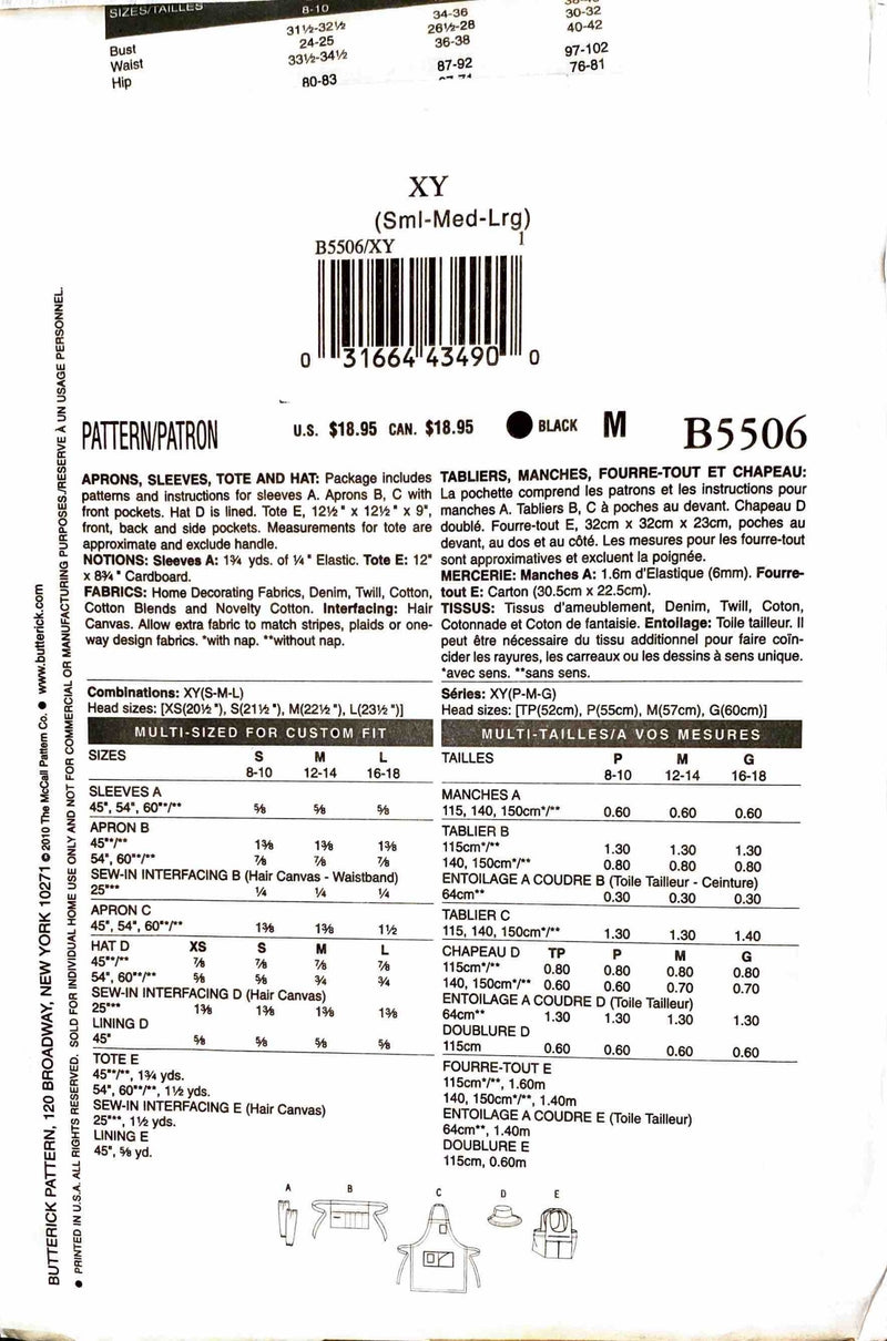 Butterick Waverly B5506 | Aprons, Sleeves, Tote, & Hat | Size S-L