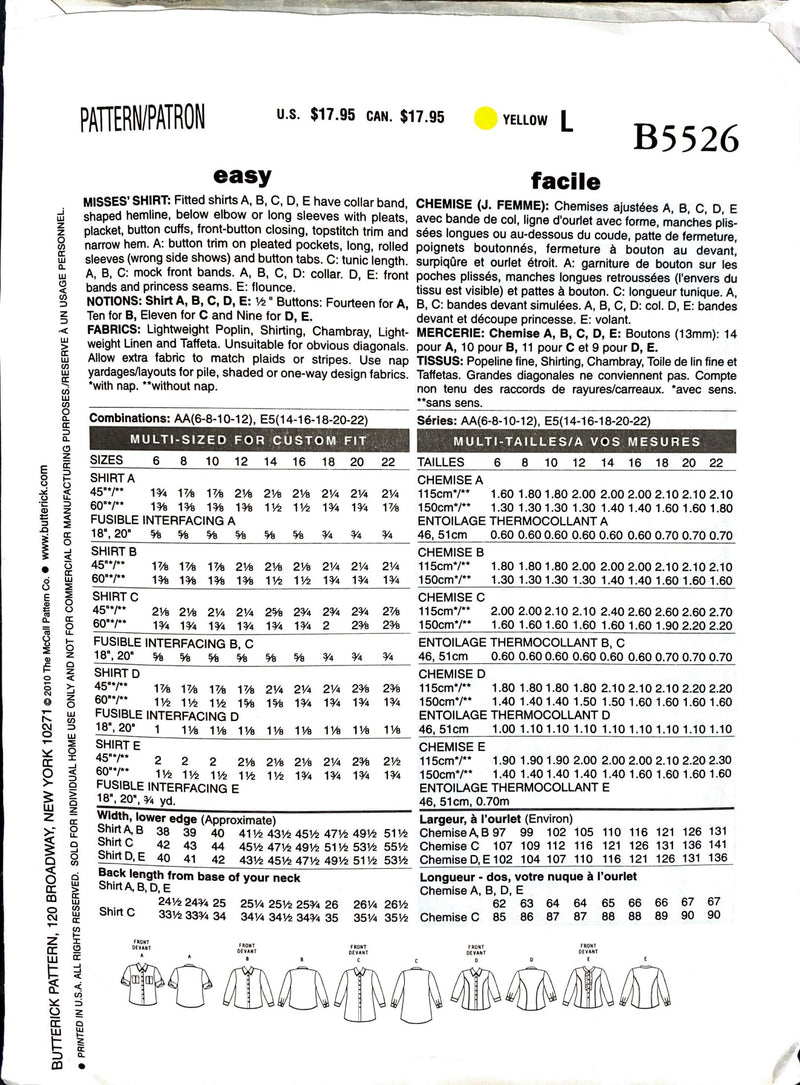 Butterick B5526 | Misses' Shirt | Size 14-22