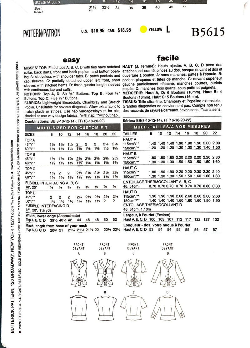 Butterick B5615 ©️2011 | Misses' Top | Size 8-14