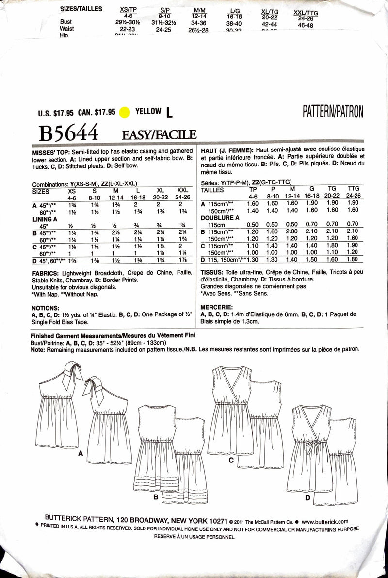 Butterick B5644 | Misses' Top | Size Lg - XXL