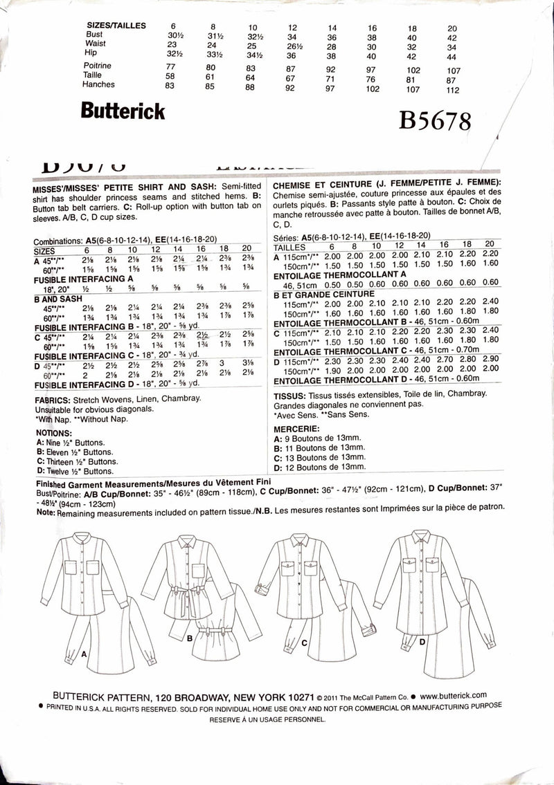 Butterick B5678 | Misses' Petite Shirt & Sash | Size 14-20