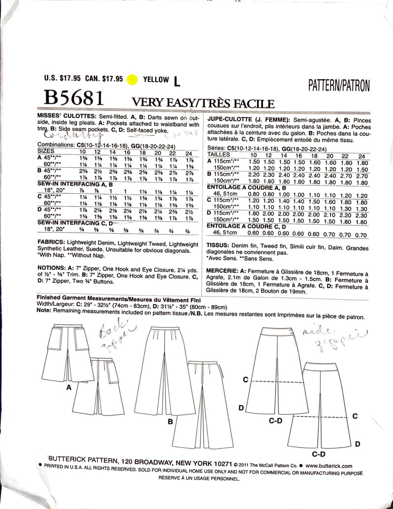 Butterick Fast & Easy B5681 | Misses' Culottes | Size 10 - 18