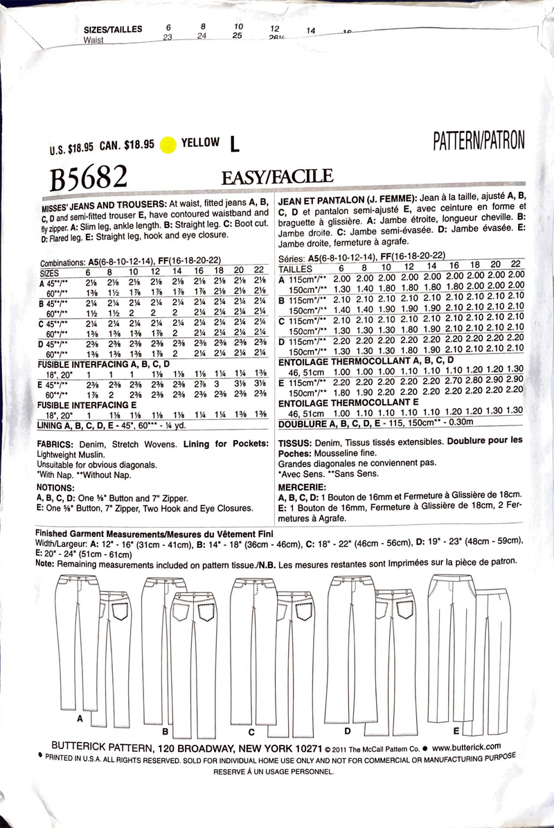Butterick B5682 | Misses' Jeans & Trousers | Size 6 - 14