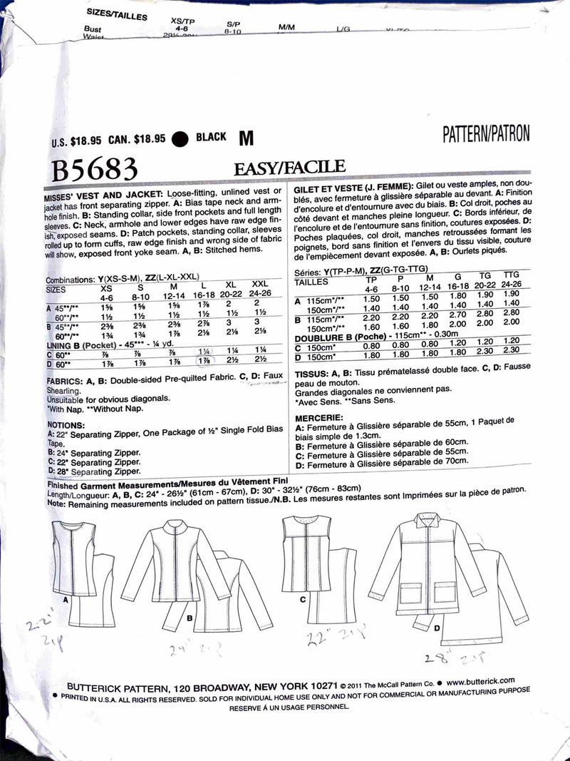 Butterick B5683 | Misses' Vest & Jacket | Size Lg - XXL