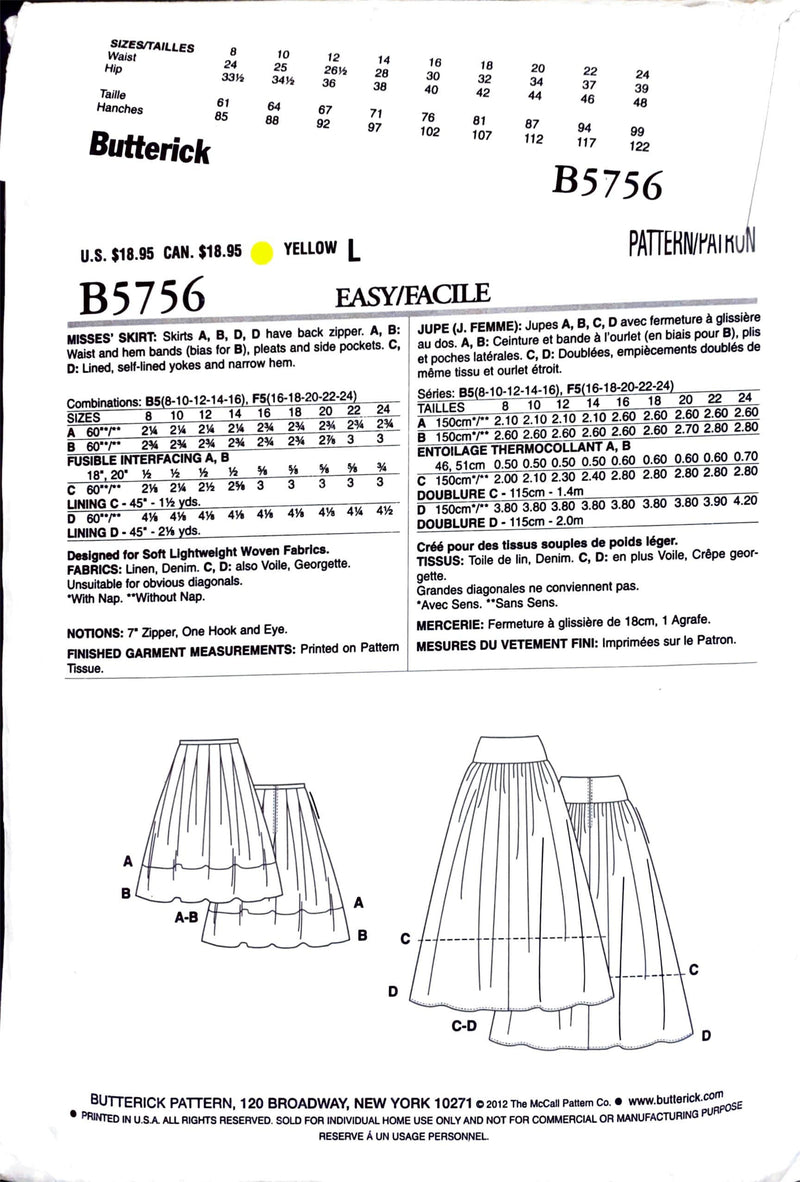 Butterick B5756 | Misses' Skirt | Size 8-16