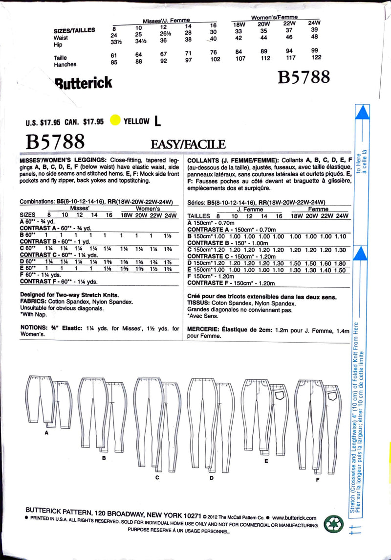 Butterick B5788 | Misses'/Women's Leggings | Size 8 - 16