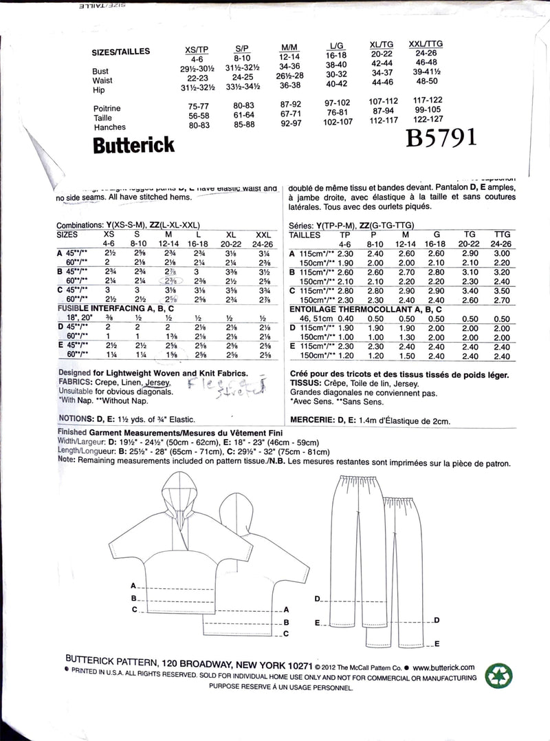 Butterick Fast & Easy B5791 ©️2012 | Misses' Top, Tunic, & Pants | Size XS-M