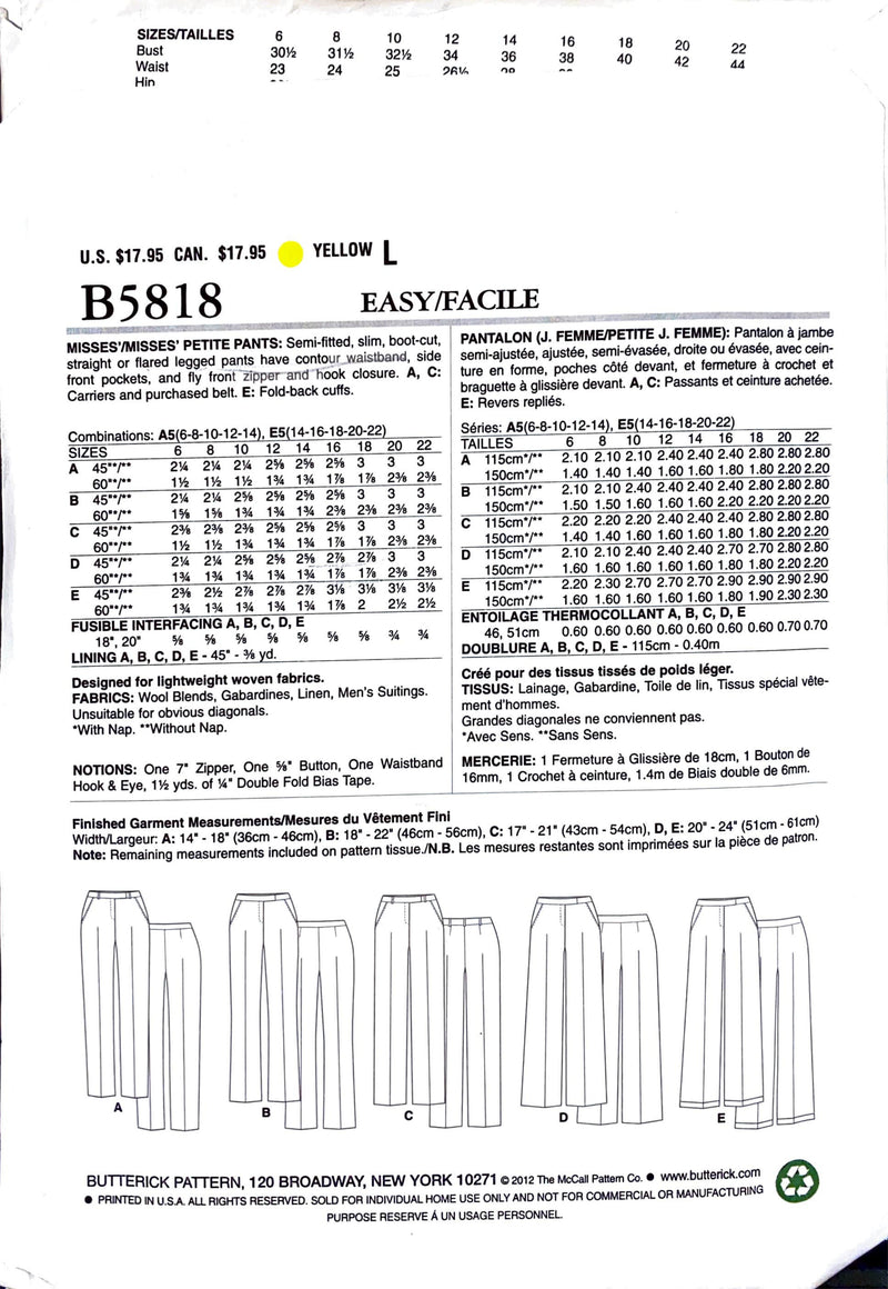 Butterick B5818 | Misses' Petite Pants | Size 6-14