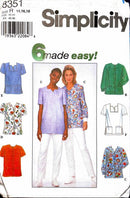 Simplicity sewing pattern packet with images of women wearing tops and a barcode.