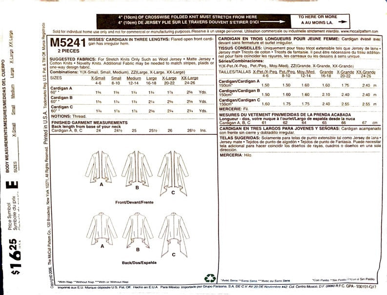 Easy McCall's M5241 | Misses' Cardigan in Three Lengths | Size XS-Med