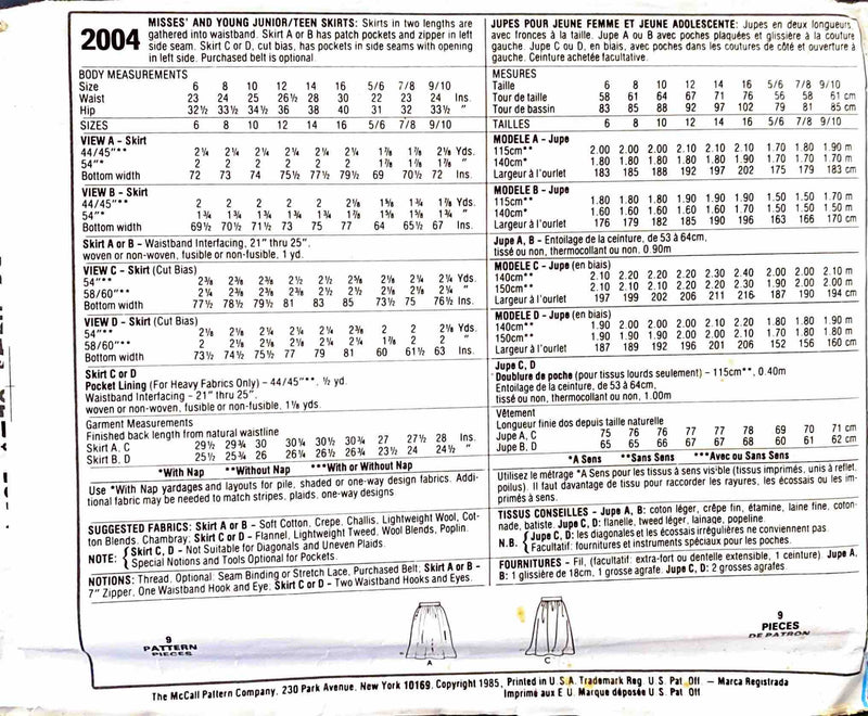 McCall's 2004 | Misses' and Young Junior/Teen Skirts | Size 9-10