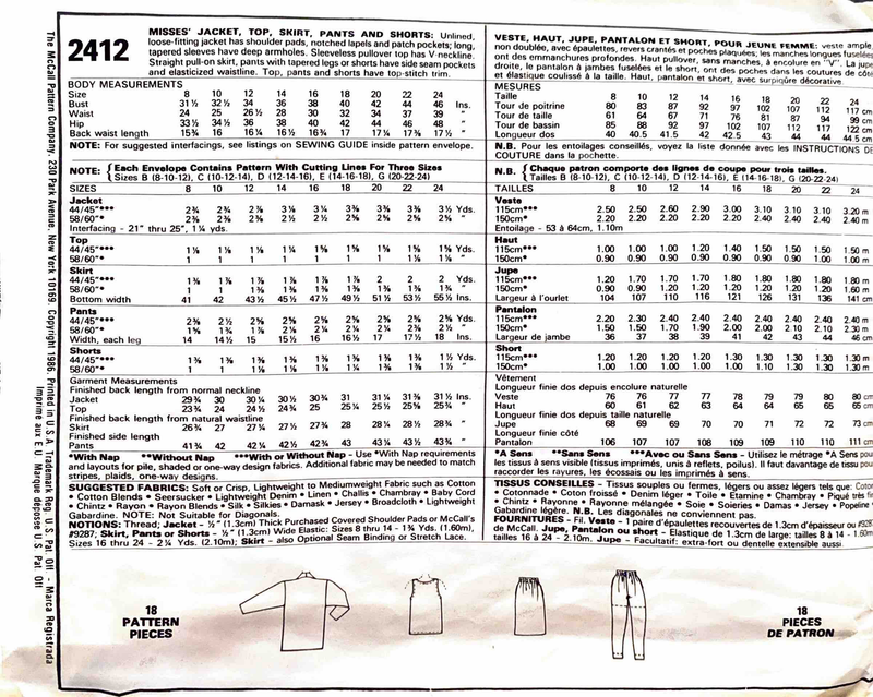McCall's Easy 2412  | Misses' Jacket, Top, Skirt, Pants, and Shorts | Size 14-18