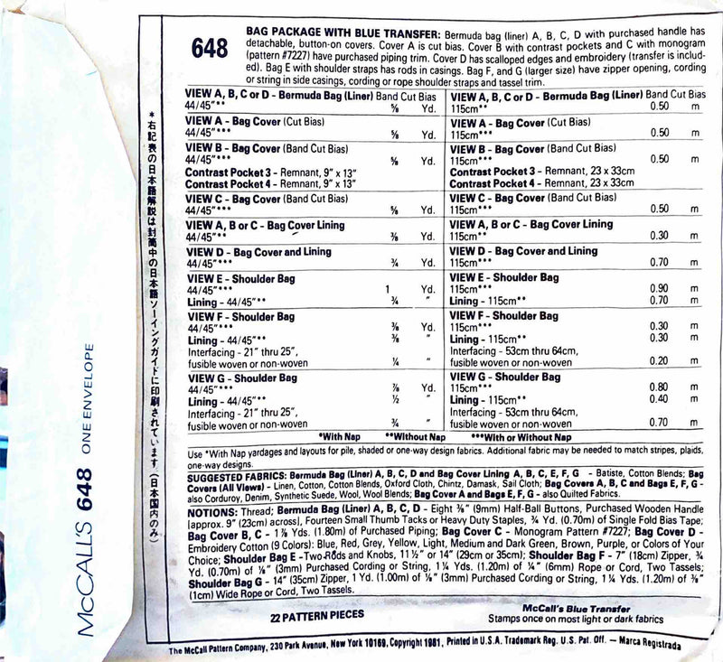 McCall's Crafts 648 ©1981  | Bermuda Bag, Bag Cover, Shoulder Bag