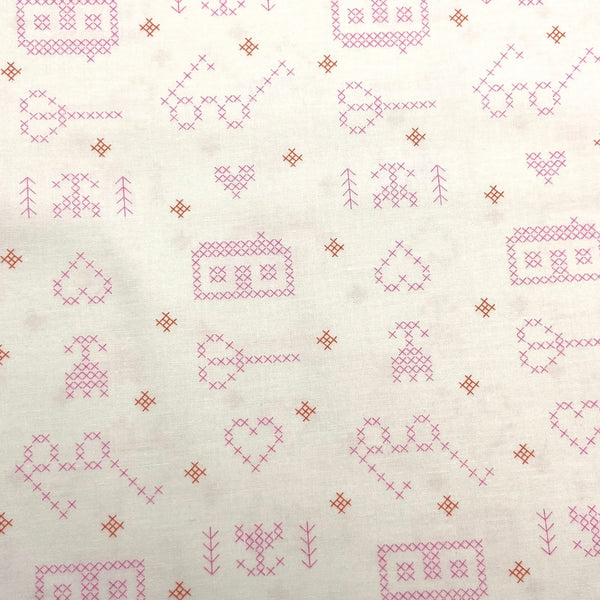 white cross stitch print quilting fabric