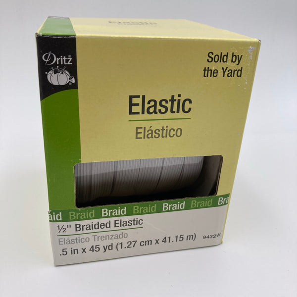 A box of 1/2" braided white elastic 