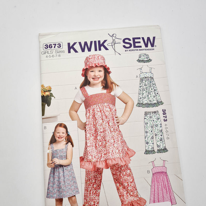 Kwik Sew 3673 | Kids' "Sugar + Spice Dresses, Pants, + Hat" - Sizes 4-8 | Uncut, Unused, Factory Folded Sewing Pattern