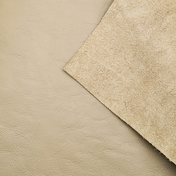 A close-up photo of our Almond Leather, showing both the suede and finished sides.