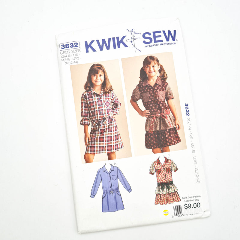 Kwik Sew 3832 | Kids' Dresses - Sizes XS-S-M-L-XL | Uncut, Unused, Factory Folded Sewing Pattern