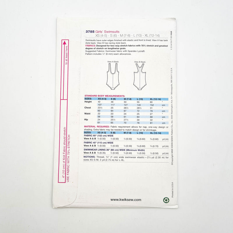 Kwik Sew 3785 | Kids' Swimsuit - Sizes XS, S, M, L, XL | Uncut, Unused, Factory Folded Sewing Pattern