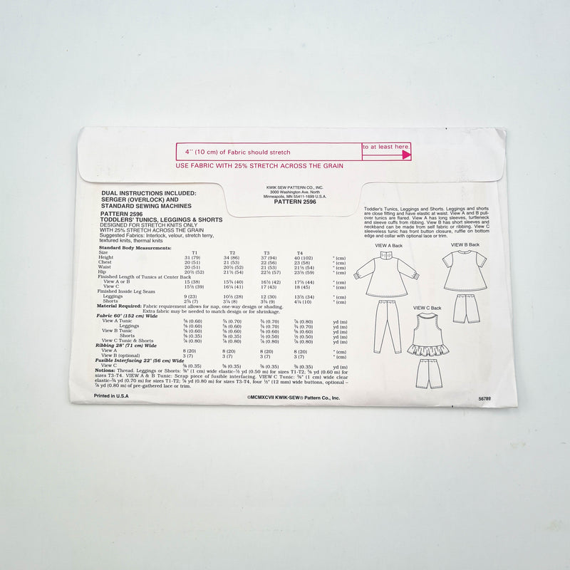 Kwik Sew 2596 | Toddlers' Tunic, Legging, and Shorts - Sizes T1-T2-T3-T4 | Uncut, Unused, Factory Folded Sewing Pattern