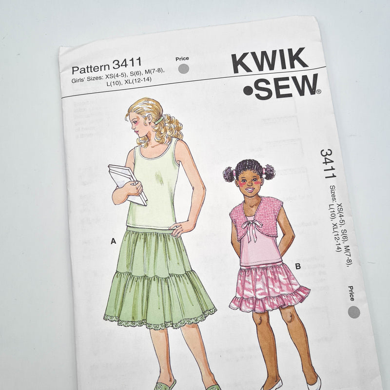 Kwik Sew 3411 | Kid's Skirts, Top, + Bolero - Sizes XS, S, M, L, XL | Uncut, Unused, Factory Folded Sewing Pattern