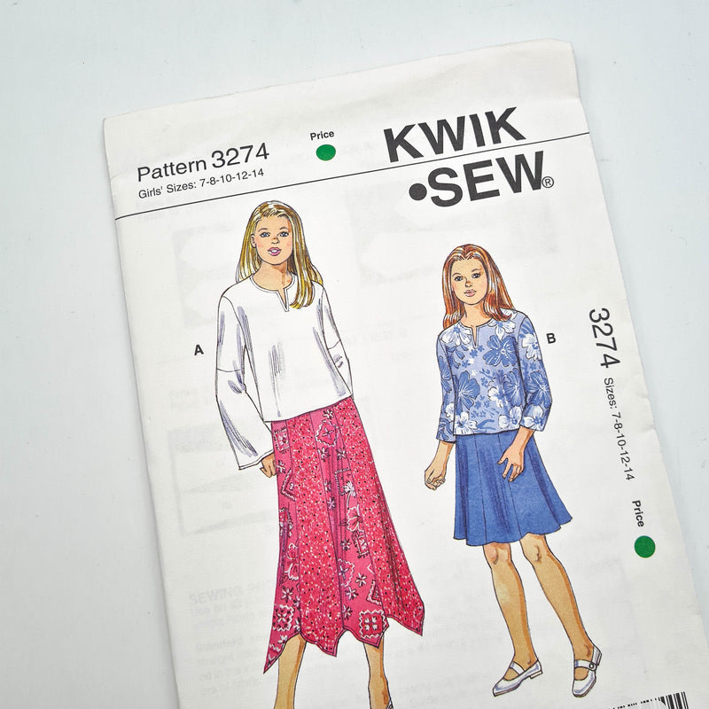 Kwik Sew 3274 | Kid's Tops + Skirts - Sizes 7-14 | Uncut, Unused, Factory Folded Sewing Pattern