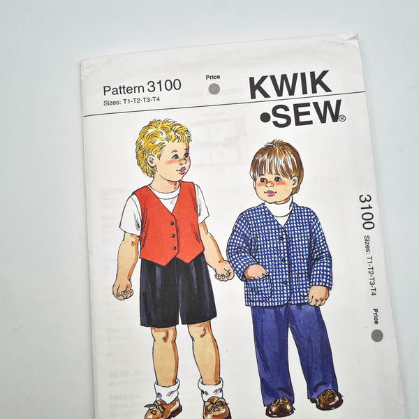 Kwik Sew 3100 | Toddlers' Pants, Shorts, Jacket + Vest - Sizes T1-T2-T3-T4 | Uncut, Unused, Factory Folded Sewing Pattern