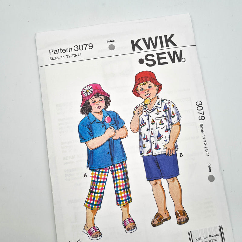 Kwik Sew 3079 | Toddlers' Pants, Shorts, Shirt + Hat - Sizes T1-T2-T3-T4 | Uncut, Unused, Factory Folded Sewing Pattern