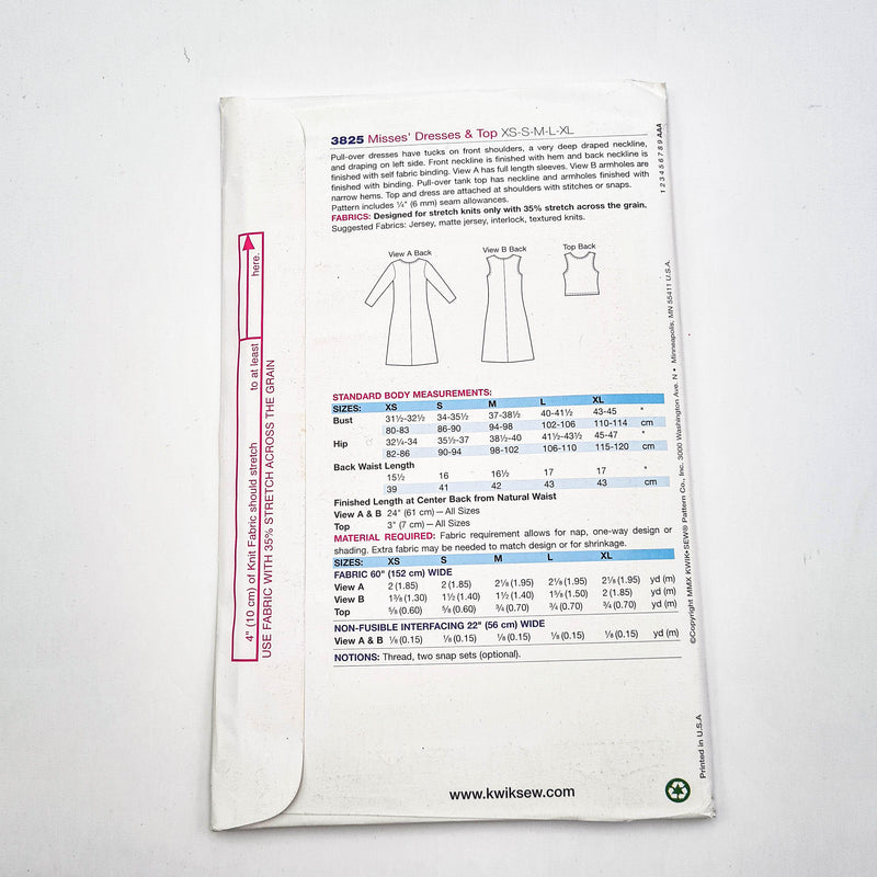 Kwik Sew 3825 | Adult Dresses + Top - Sizes XS, S, M, L, XL | Uncut, Unused, Factory Folded Sewing Pattern