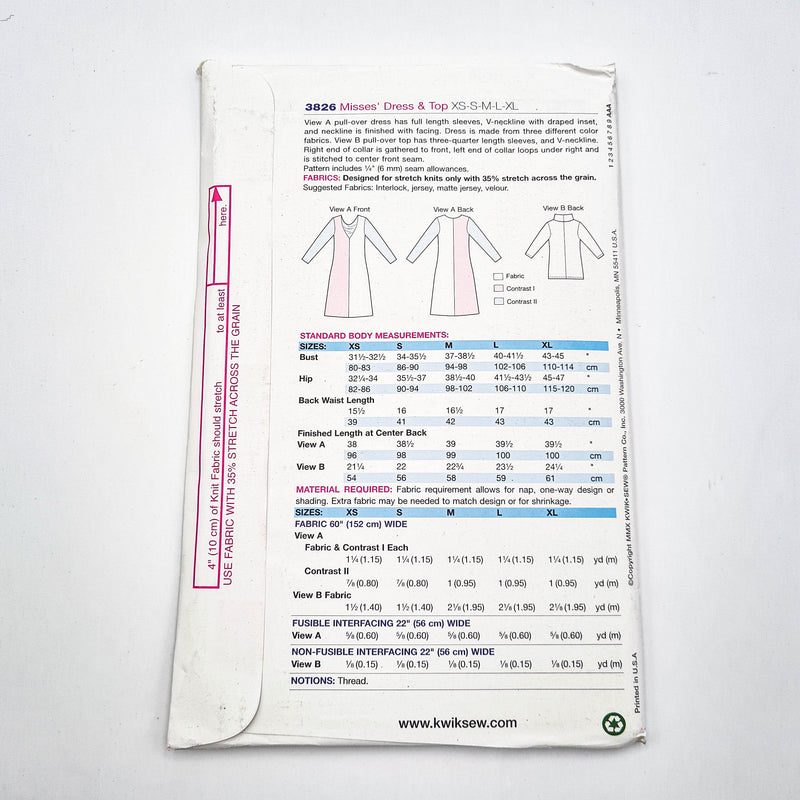 Kwik Sew 3826 | Adult Dress + Top - Sizes XS, S, M, L, XL | Uncut, Unused, Factory Folded Sewing Pattern