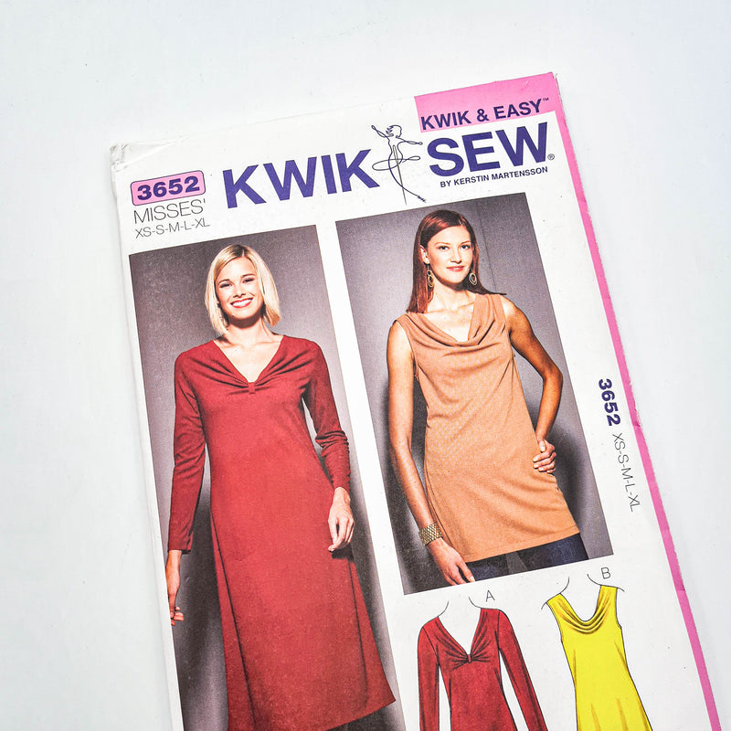 Kwik Sew 3652 | Adult Dress + Tunic - Sizes XS, S, M, L, XL | Uncut, Unused, Factory Folded Sewing Pattern