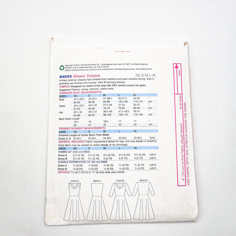 Kwik Sew 4026 | Adult Dresses - Sizes XS, S, M, L, XL | Uncut, Unused, Factory Folded Sewing Pattern