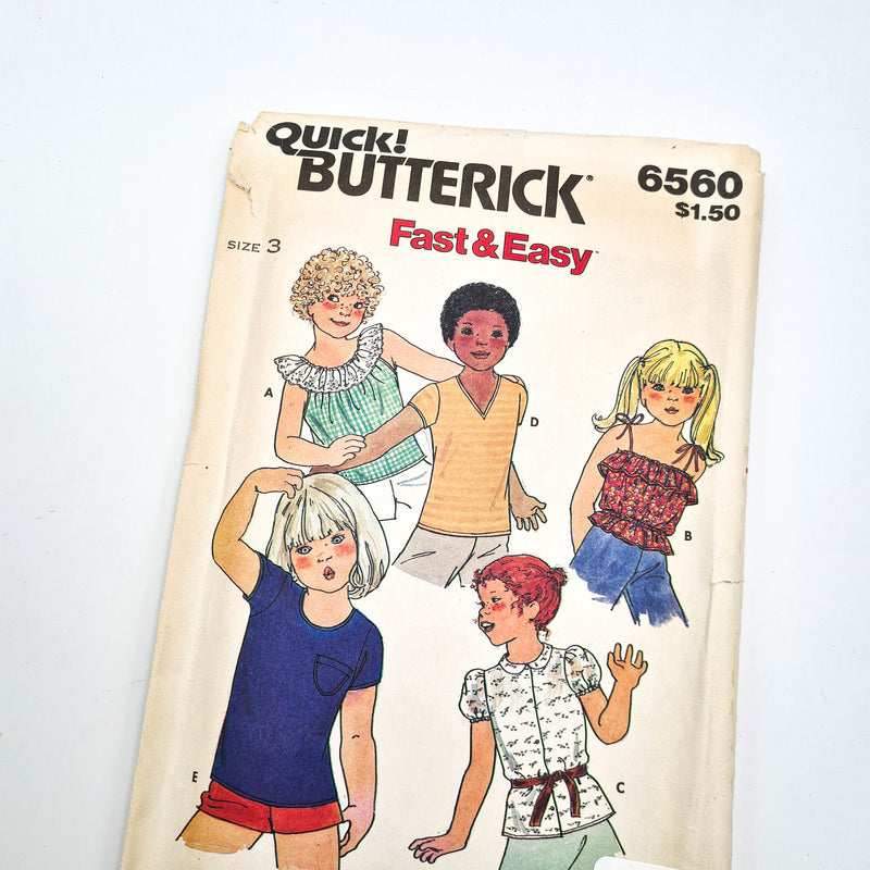 Butterick 6560 | Children's Tops - Size 3 | Uncut, Unused, Factory Folded Sewing Pattern
