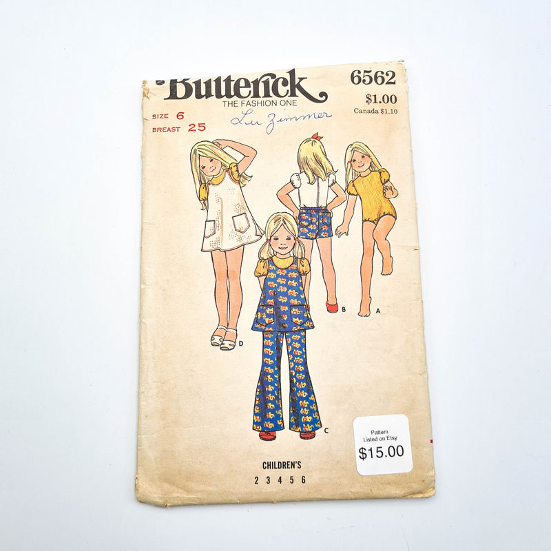 Butterick 6562 | Children's Bodysuit, Tunic, Jumper, Pants, + Shorts - Size 6 | Uncut, Unused, Factory Folded Sewing Pattern