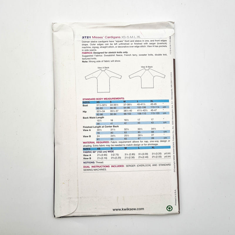 Kwik Sew 3721 | Adult Cardigans - Sizes XS, S, M, L, XL | Uncut, Unused, Factory Folded Sewing Pattern