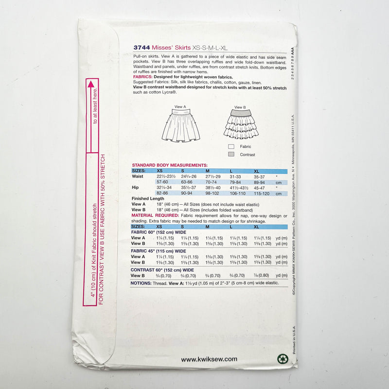 Kwik Sew 3744 | Adult Skirts - Sizes XS, S, M, L, XL | Uncut, Unused, Factory Folded Sewing Pattern