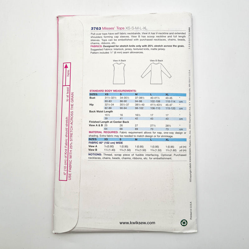 Kwik Sew 3763 | Adult Tops - Sizes XS, S, M, L, XL | Uncut, Unused, Factory Folded Sewing Pattern