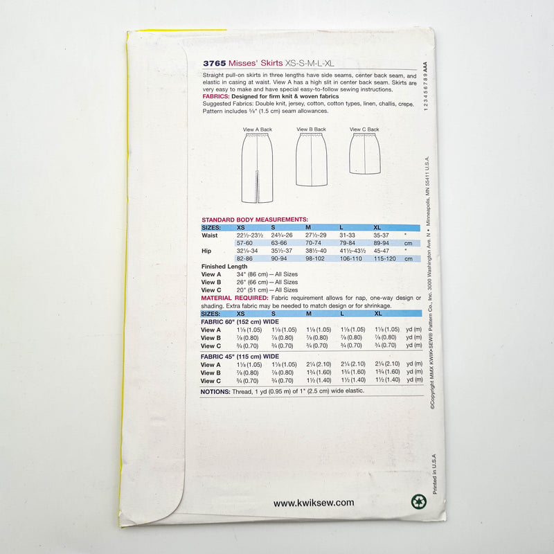 Kwik Sew 3765 | Adult Skirts - Sizes XS, S, M, L, XL | Uncut, Unused, Factory Folded Sewing Pattern