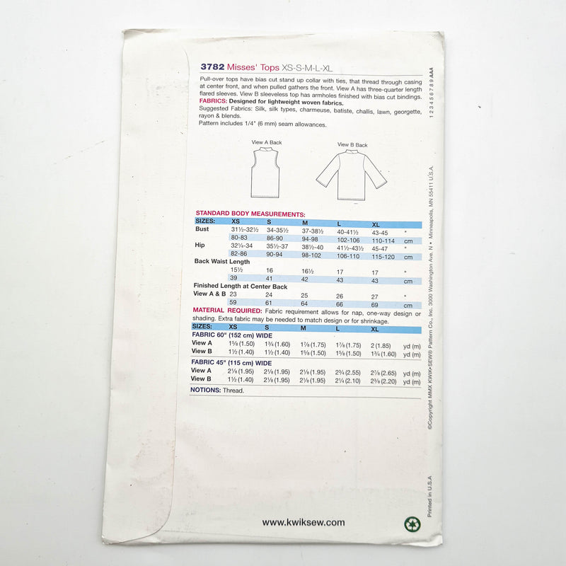 Kwik Sew 3782 | Adult Tops - Sizes XS, S, M, L, XL | Uncut, Unused, Factory Folded Sewing Pattern