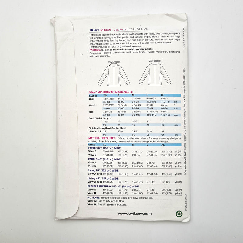 Kwik Sew 3841 | Adult Jackets - Sizes XS, S, M, L, XL | Uncut, Unused, Factory Folded Sewing Pattern