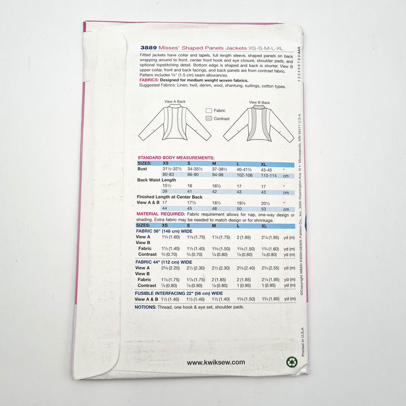 Kwik Sew 3889 | Adult Jackets - Sizes XS, S, M, L, XL | Uncut, Unused, Factory Folded Sewing Pattern