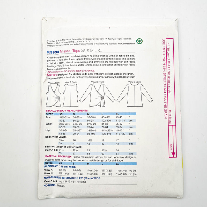 Kwik Sew 3933 | Adult Tops - Sizes XS, S, M, L, XL | Uncut, Unused, Factory Folded Sewing Pattern