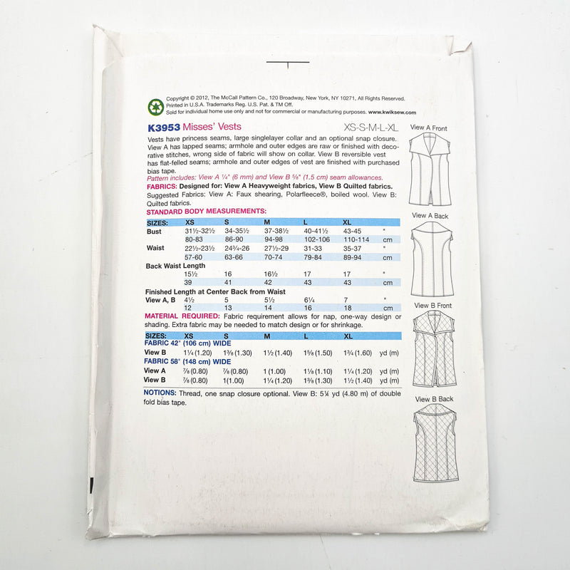 Kwik Sew 3953 | Adult Vests - Sizes XS, S, M, L, XL | Uncut, Unused, Factory Folded Sewing Pattern