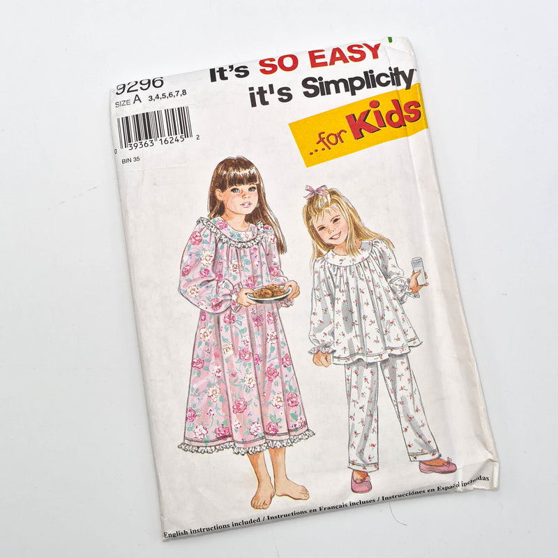 Simplicity 9296 | Kids Nightgown + PJs | Sizes 3-8