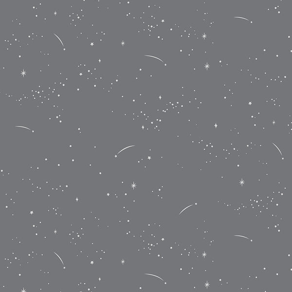 A grey background with wispy shooting stars and small speckled stars throughout. 