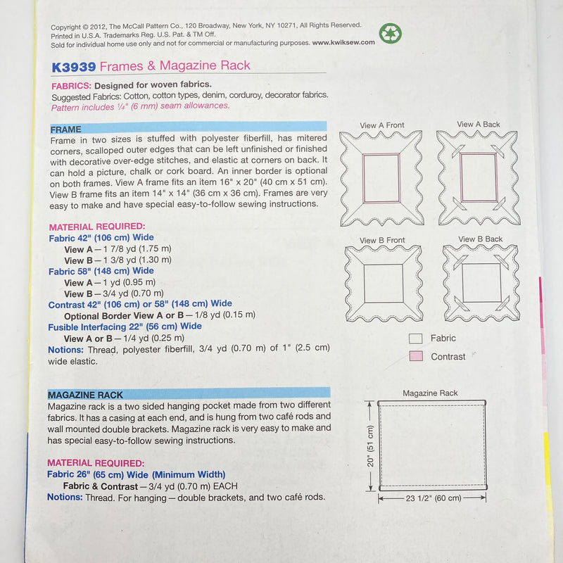 Kwik Sew 3939 | Craft Pattern - Frames + Magazine Rack | Uncut, Unused, Factory Folded Sewing Pattern