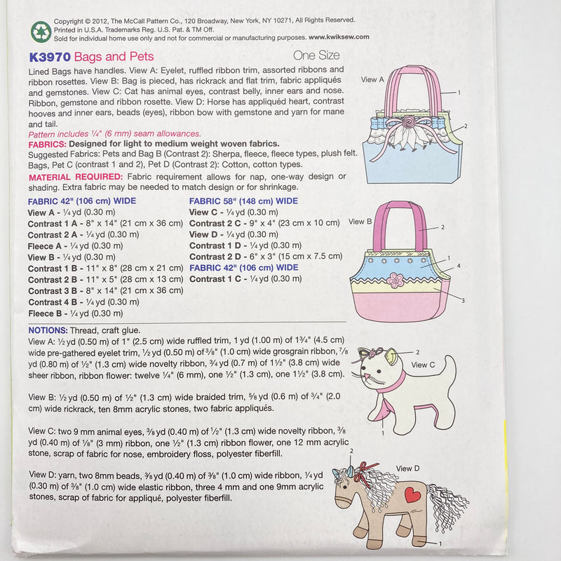 Kwik Sew 3970 | Craft Pattern - Bags + Pets | Uncut, Unused, Factory Folded Sewing Pattern
