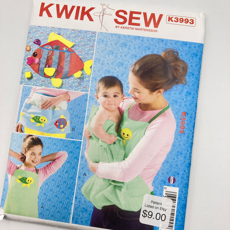 Kwik Sew 3993 | Craft Pattern - Baby Aprons + Toy Holder | Uncut, Unused, Factory Folded Sewing Pattern