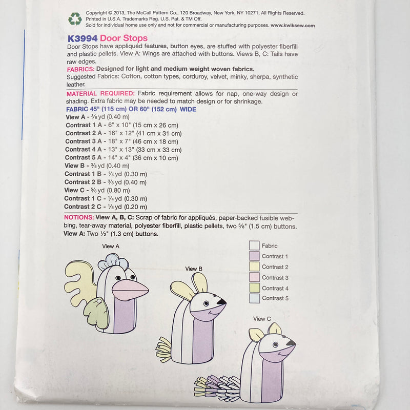 Kwik Sew 3994 | Craft Pattern - Animal Door Stops | Uncut, Unused, Factory Folded Sewing Pattern